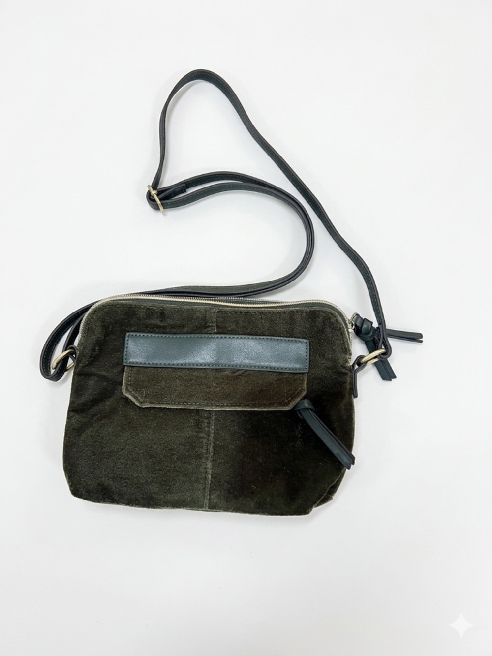 Olive Green MiniVelour Crossbody Bag with PU Leather Accent and Adjustable Strap